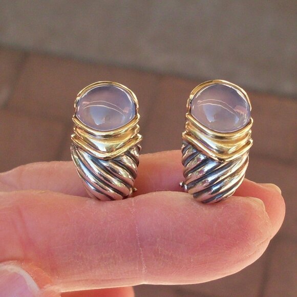 Retired David Yurman Capri Chalcedony Earrings - 14K/925 - Omega Backs - Picture 3 of 8